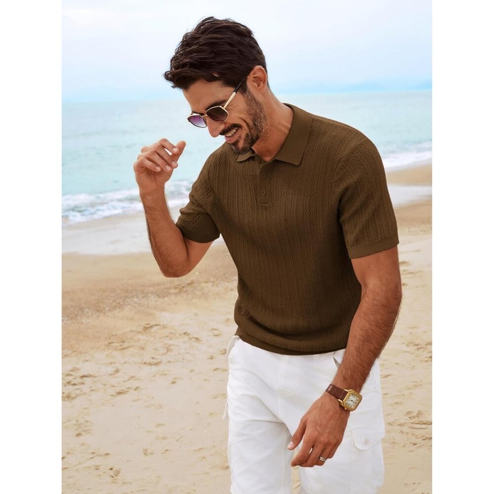 Men's Brown Short Sleeve Knit Casual Lightweight Textured Polo Stretch Shirts - Picture 2 of 6